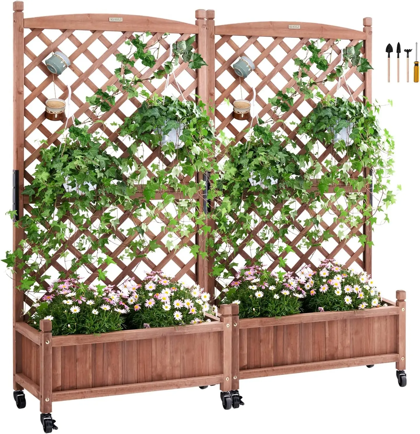 

2PCS Wood Planter with Trellis, 60"x13"x61.4" Outdoor Raised Garden Bed with Drainage Holes, Free-Standing Trellis