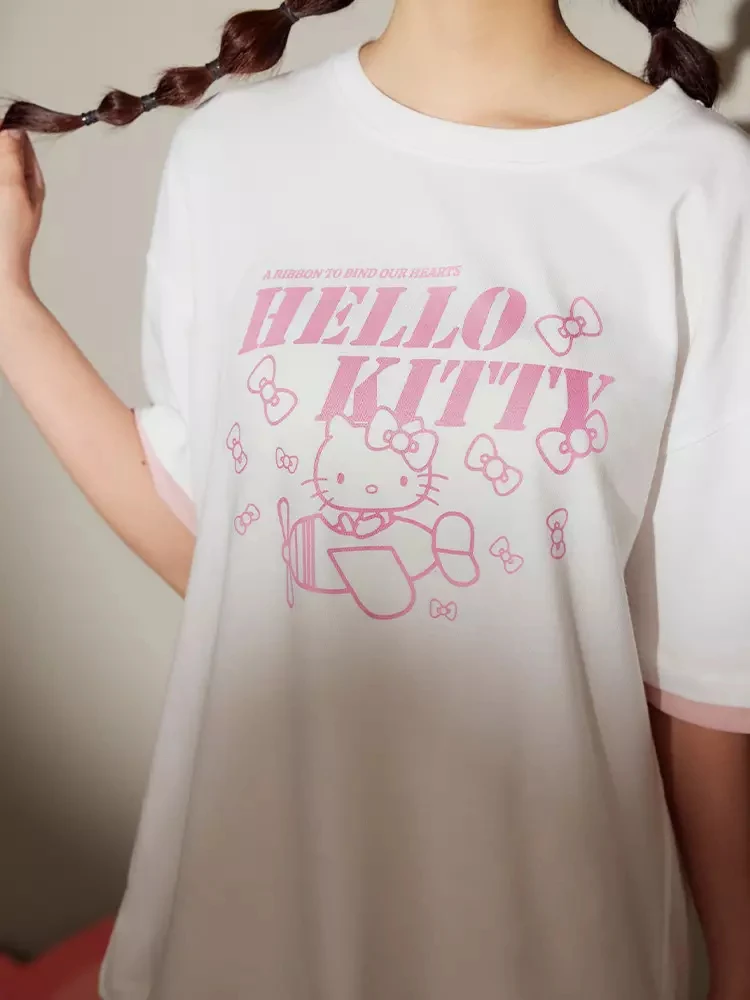 Women Hello Kitty T Shirt Pink Line Print Airplane Bow Graphic Short Sleeve White Tee Ladies Casual Summer Tops