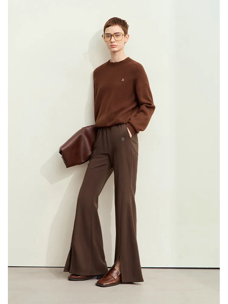 Amii Minimalism 2024 Women Pants Autumn New Elastic Waist Letter Embroidery Boot Cut Pants Slit Casual Female Trousers 12413016