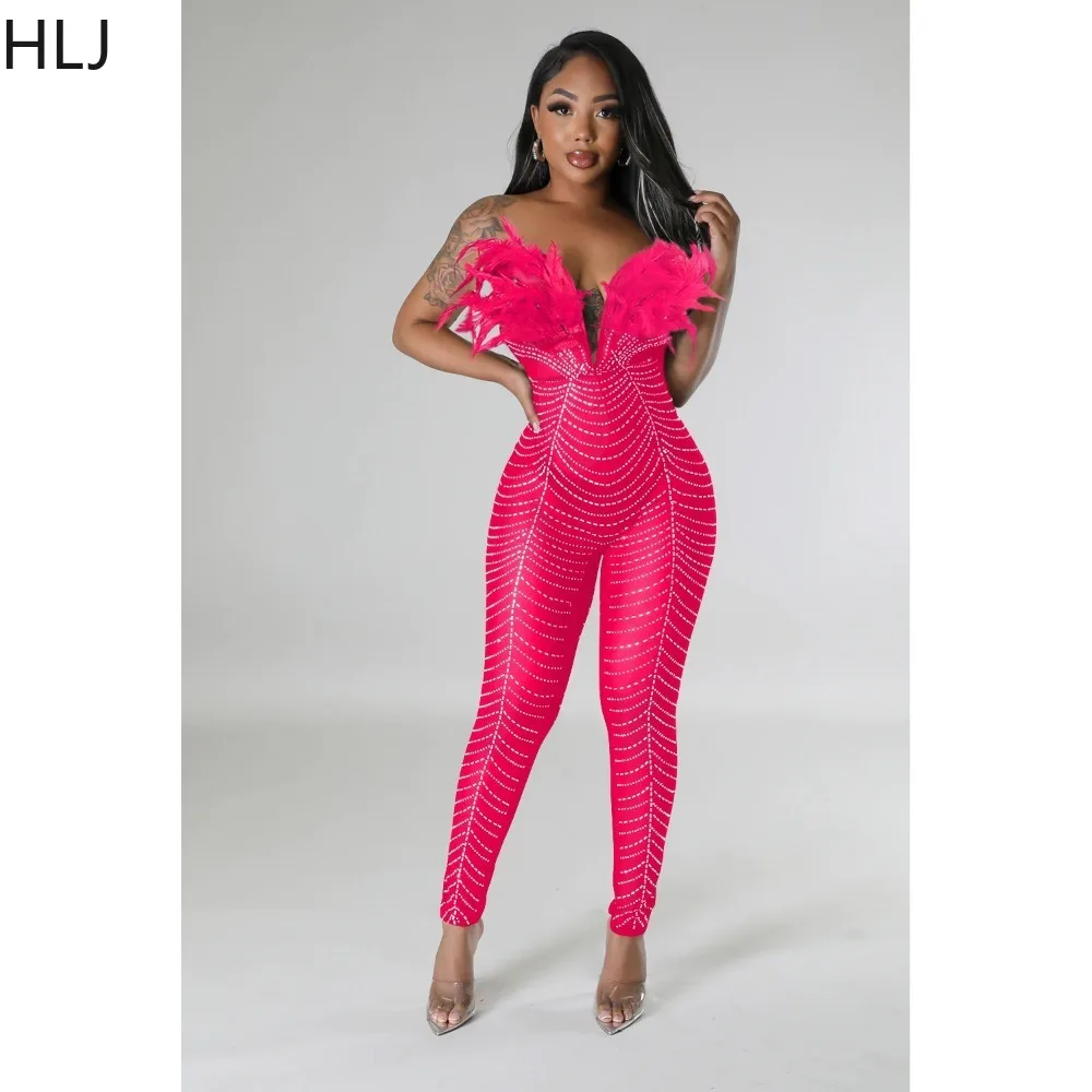 HLJ Sexy Feather Luxury Rhinestone Bodycon Jumpsuits Women Mesh Sleeveless Slim Party Nightclub Rompers Female One Piece Overall