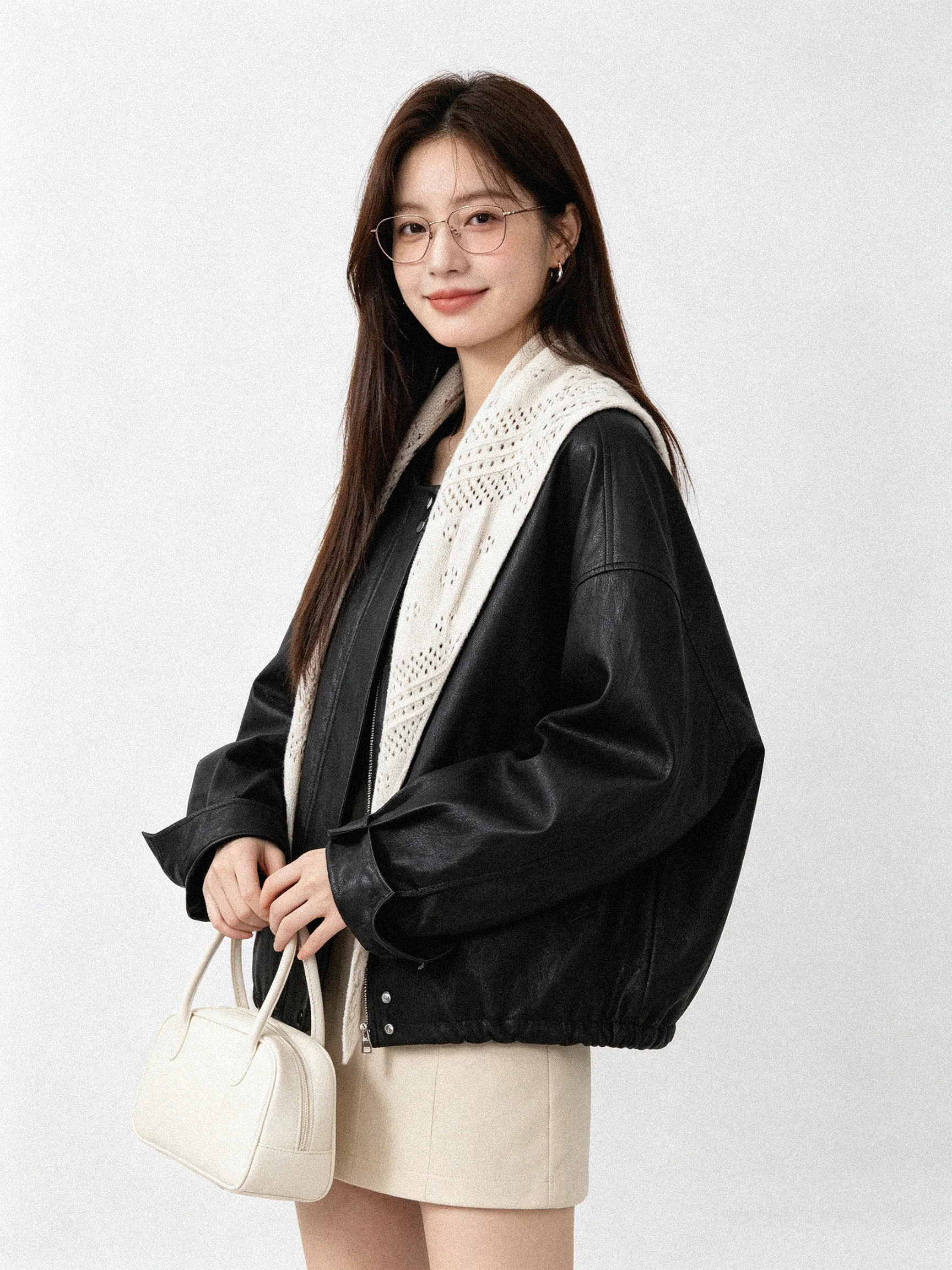 Casual Versatile Short Hollow out Leather Jacket round Neck Loose Fit Shoulder Wrap Korean Style Youth Fashion Autumn New Arr...