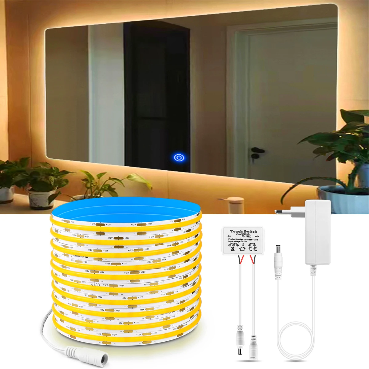

12V COB Светодиодные полосчатые зеркала для макияжа с подсветкой, сенсорный датчик с линзой, переключатель света, 5V световая лента, разъем питания EU / US / USB