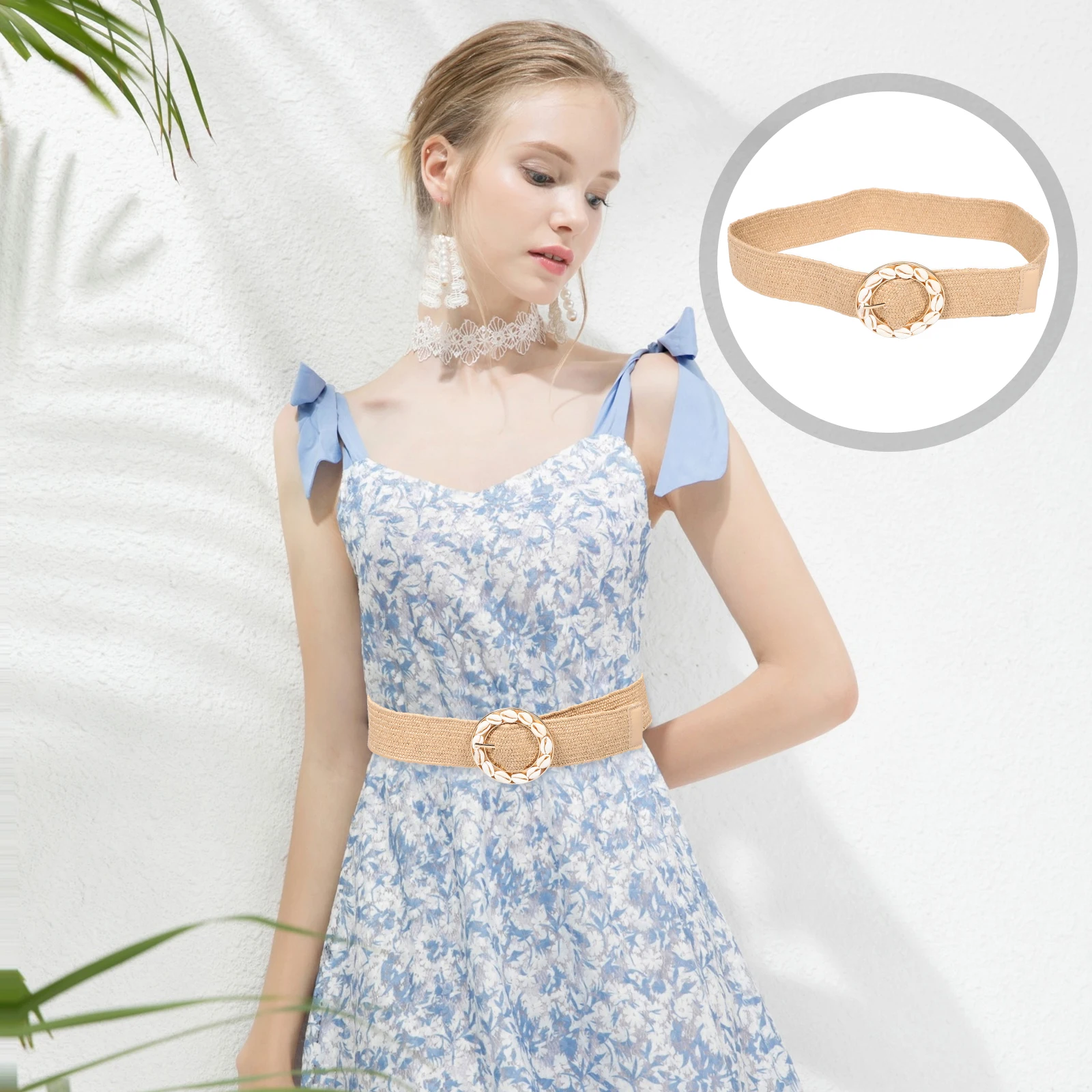 

Bohemian Style Women Natural Round Buckle Shell Elastic Fashion Summer Straw Weaved Mens Waist Belt Waist Belts