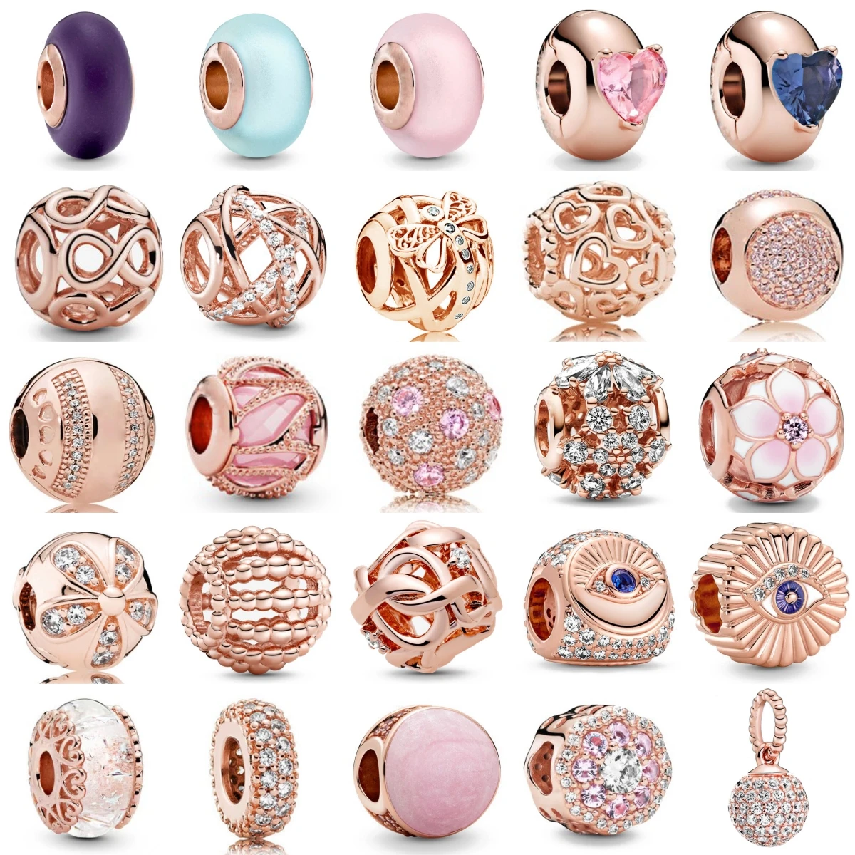 

New 925 Sterling Silver Rose Gold Dragonfly Eye Flower Charm Fit Original Bracelet Accessories Women Jewelry