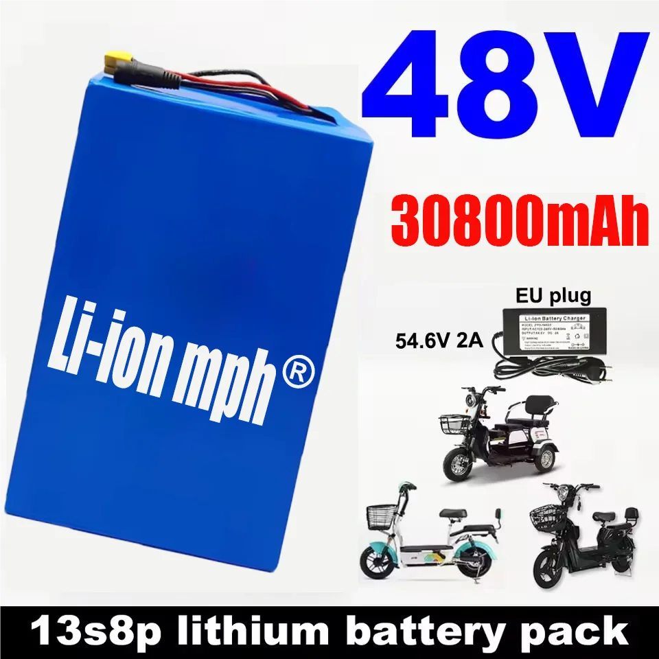 

18650 Paquete de batería de litio de gran capacidad,48V,30.8Ah,18650,13S8P,adecuado para 48V,250-1500W,BMS integrado + cargador