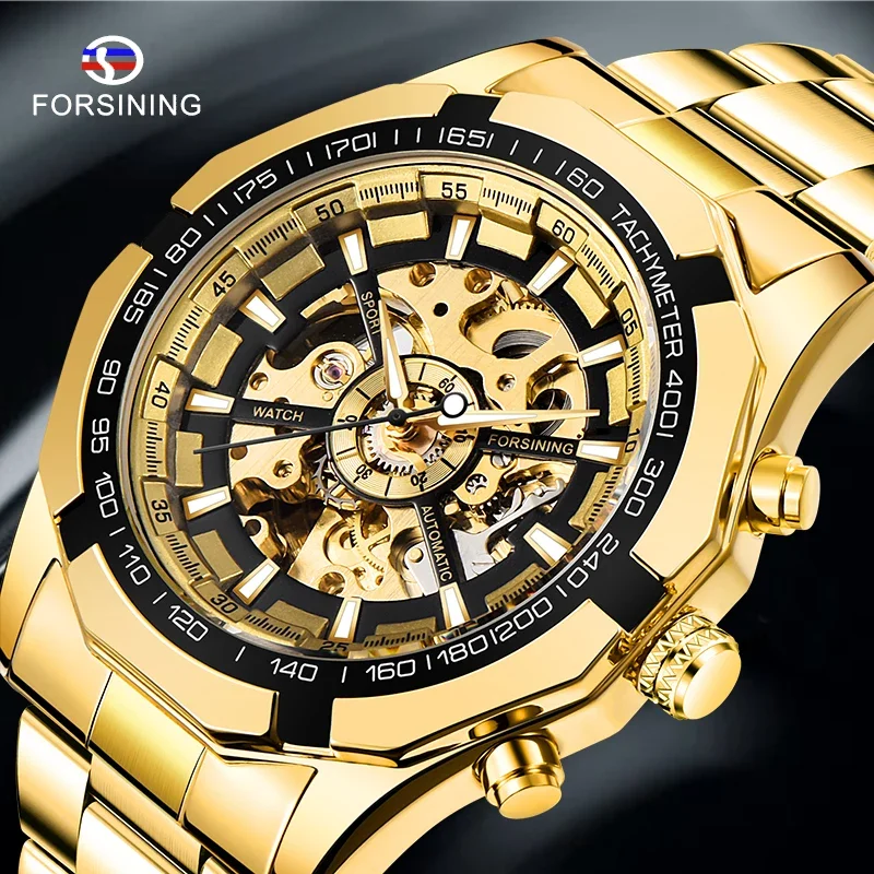 

Forsining золотые водонепроницаемые мужские часы со скелетом из нержавеющей стали, лучший бренд, роскошные прозрачные механические мужские наручные часы