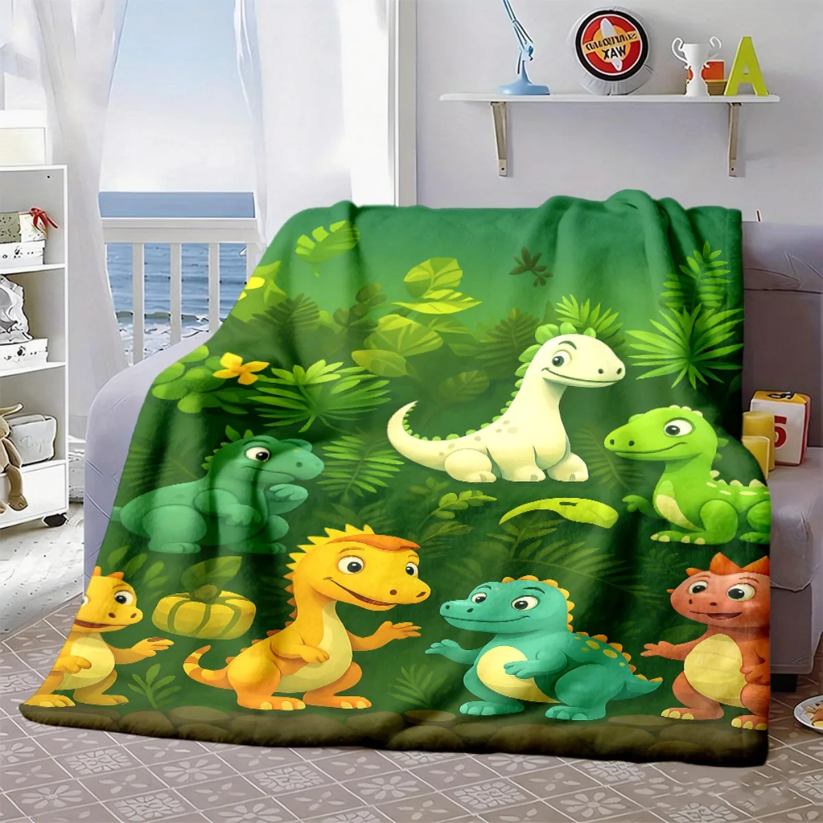 Cute Dinosaur Jungle Blanket Throw for Kids Toddlers Cartoon Animals Bedding Playroom Decor Plush Blanket 150x230cm Nursery Gift