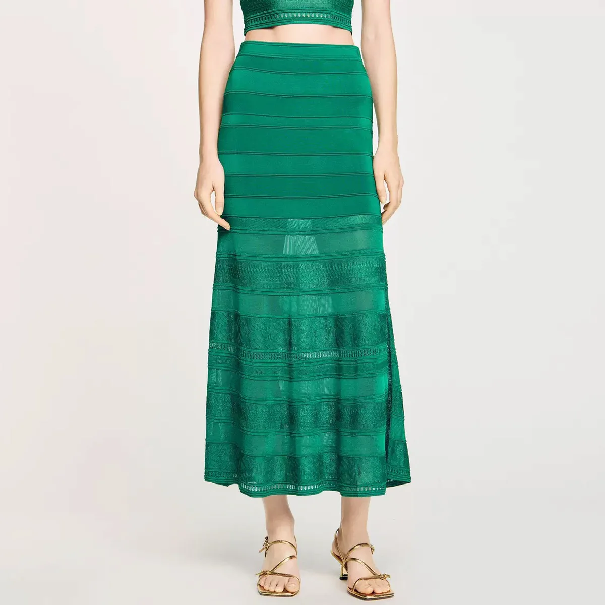 op maat Hoge kwaliteit op voorraad mouwloze dames korte gebreide top + halflange rok met halve body