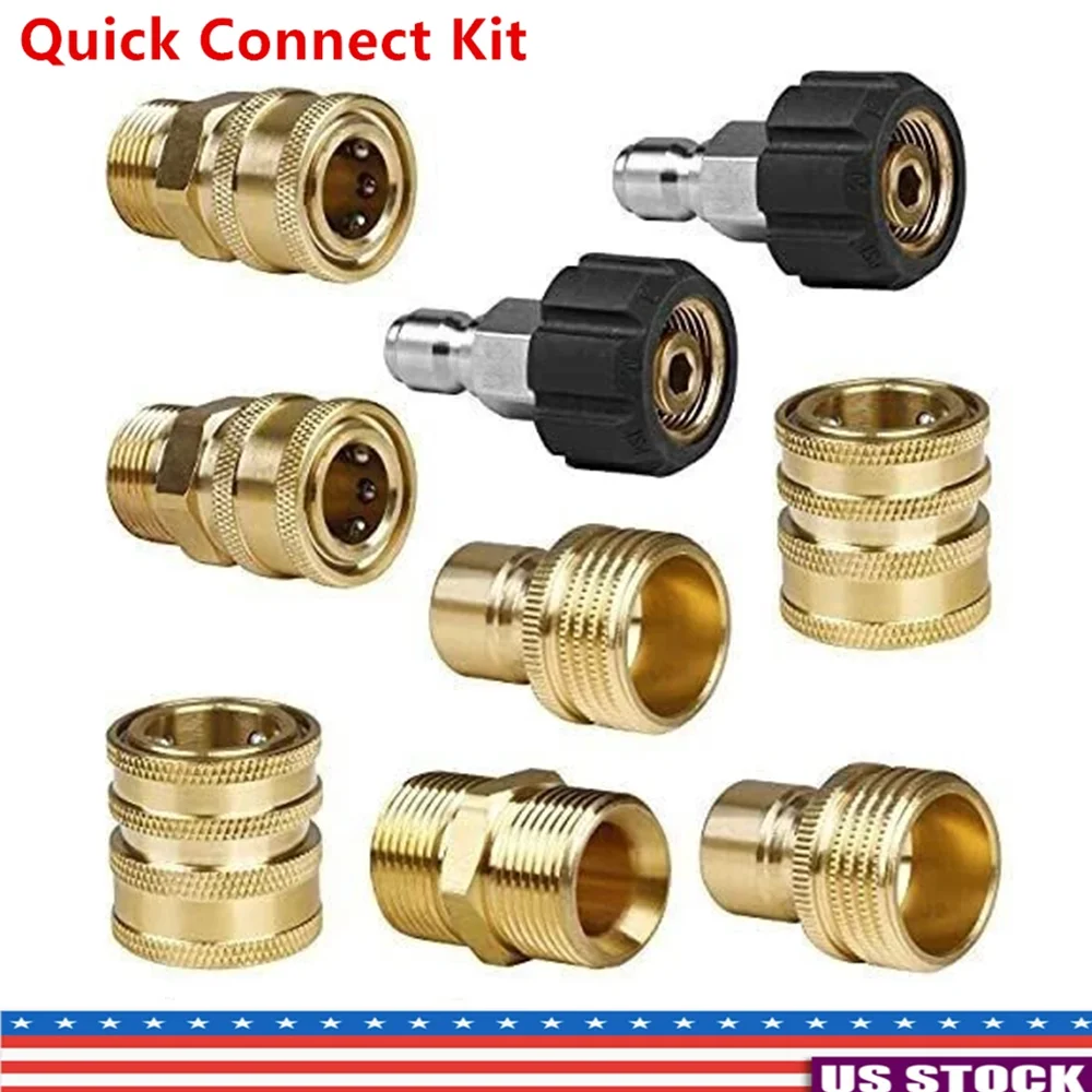 

9PCS High Pressure Washer Adapter Brass Washer Foam Lance Connector M22-14 3/8 Quick Connect Thread Hose Gun Adapter Fitting