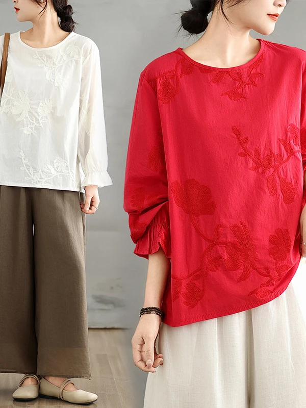 

Свободный крой, повседневный круглый топ Ne Long Sve с вышивкой для женщин, удобный дышащий корейский топ больших размеров