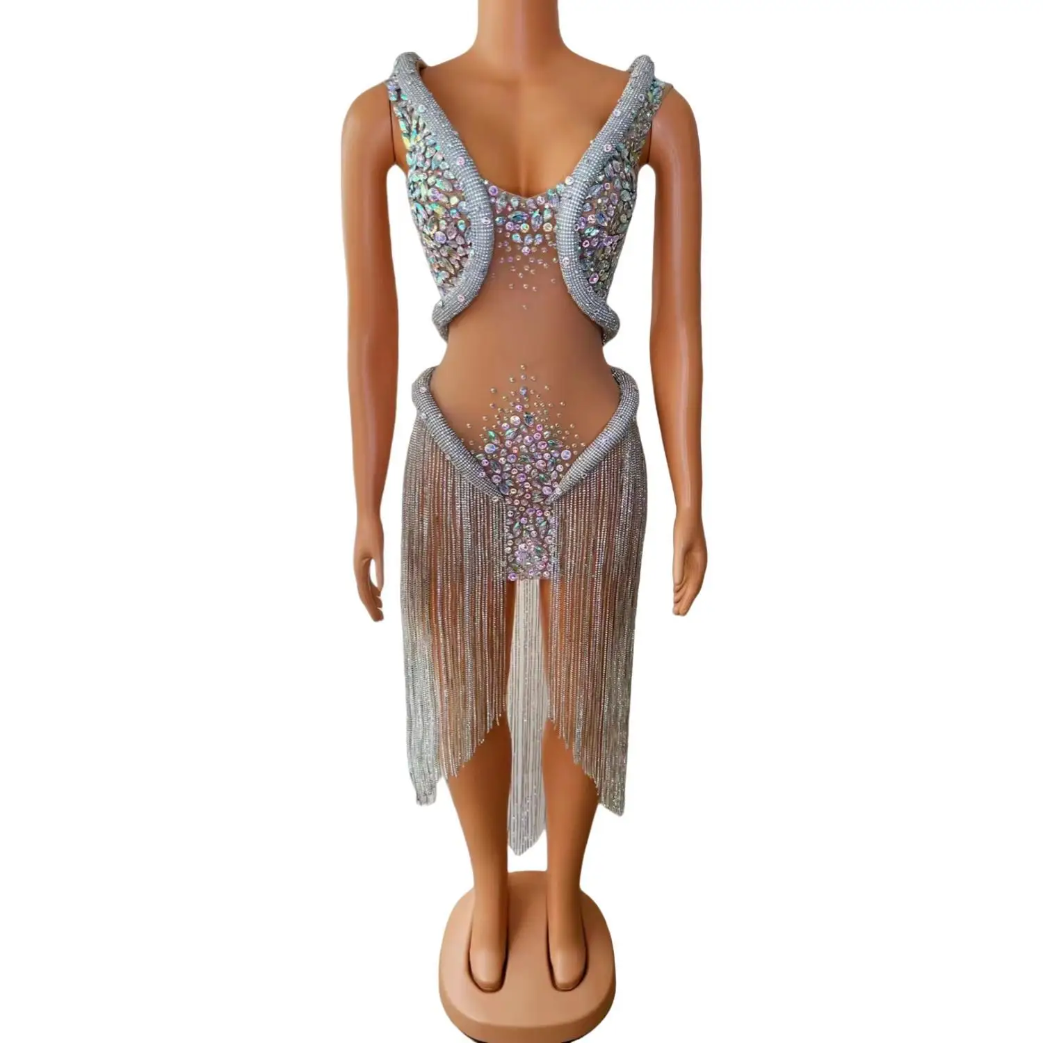 Sexy Dress Unique Shiny Tassel Chain Inlaid Colorful Diamonds Nude Thin Mesh Stage Performance Costume Various Party Activities