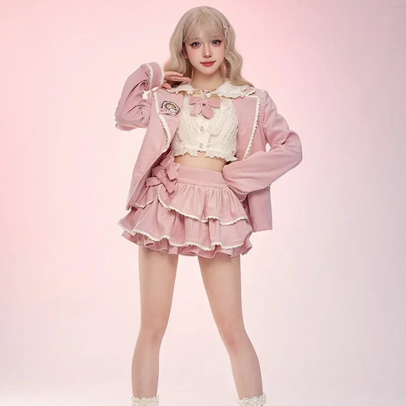 Zimowy różowy Kawaii Lolita 3-częściowy komplet damski kokardka słodka bluzka + markowa spódnica damska koreańska designerski strój mody 2023