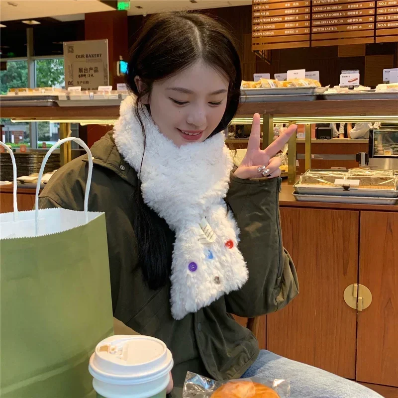 

Soft Knitted Woolen Warm Solid Color Scarf, Slim Neckerchief, Ins Pashmina Shawl in Brown and White for Women in Autumn and Wint