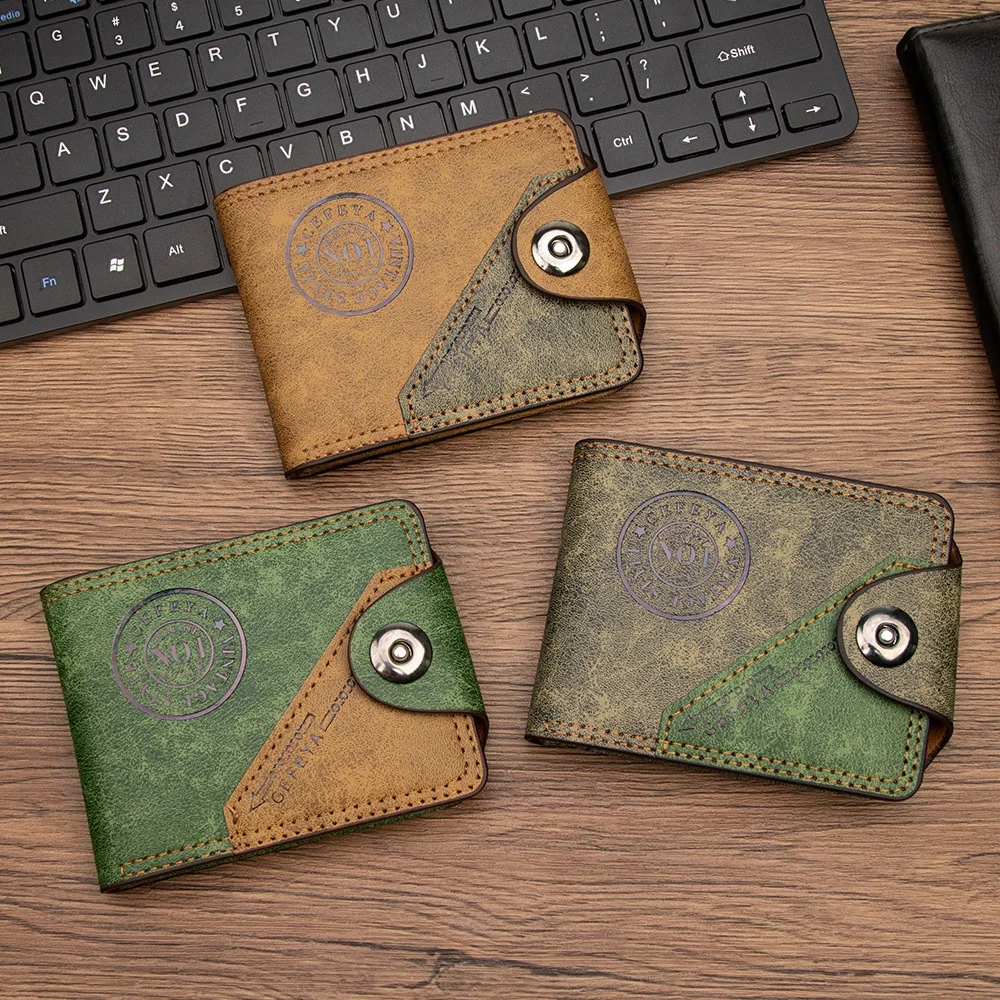 Vintage Herren-Geldbörse aus gespleißtem PVC-Leder mit Magnetverschluss, kurzer Bifold-Geldbeutel mit Kartenfächern, Ausweisfenster und Bargeldfach – Detail 1