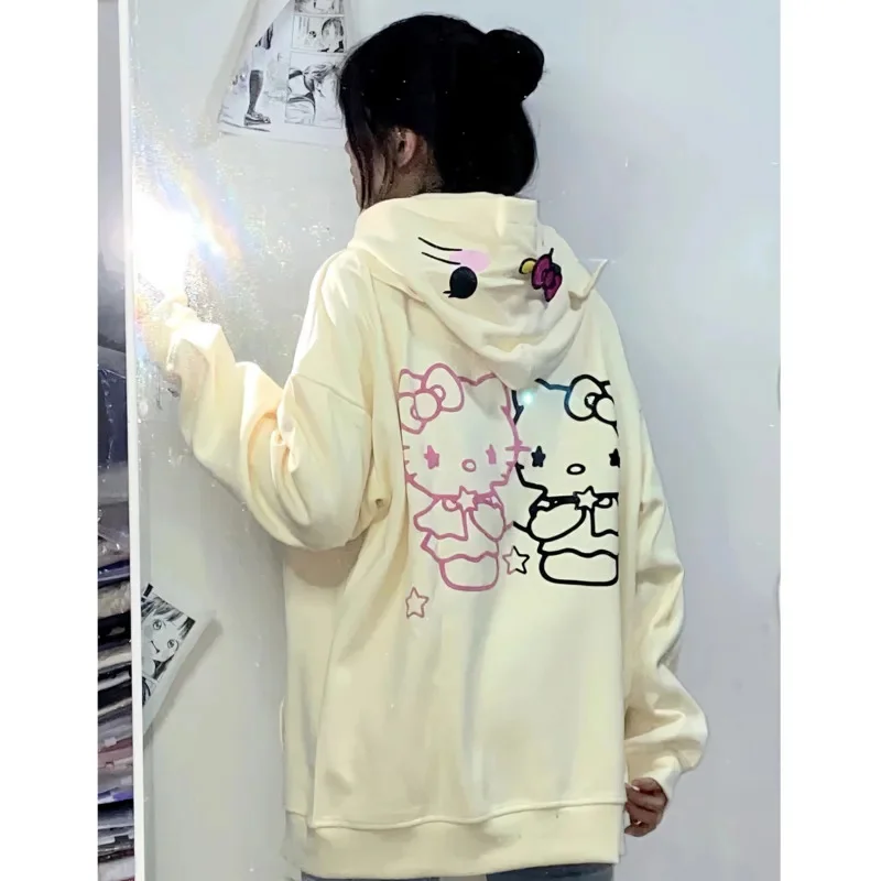 Kawaii Hello Kitty Y2k Solid Plush Coats Sanrio Print Hooded Sweatshirt Cute Cartoon Coats For Women Casual Loose Jackets