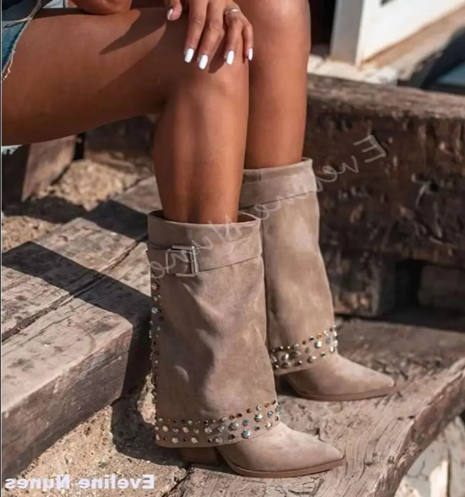 

Shiny Rivet Trouser Boots Women Pointed Toe Wedges Metal Belt Buckle Slip On Knee High Boots 2025 New Fashion Design Solid Boots