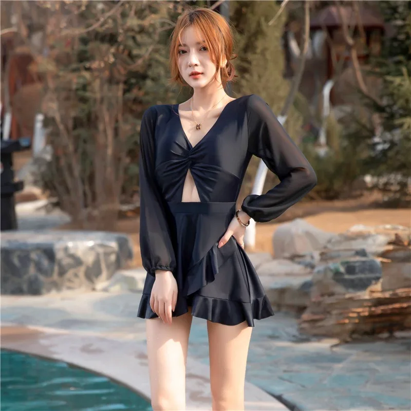 

New Fashion Trend Summer Women's Sexy Bikini V-Neck Ruffle Skirt Swimsuit Beach Style Swimwear One-piece Long Sleeve Swimsuits