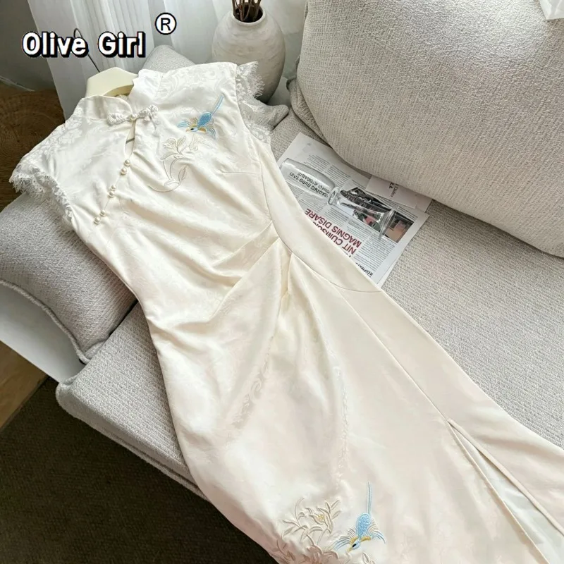 Olivegirl 2026 Embroidered Jacquard Lace Splicing Long Dress Cheongsam Chinese Improved Qipao Summer High End Women's Clothing