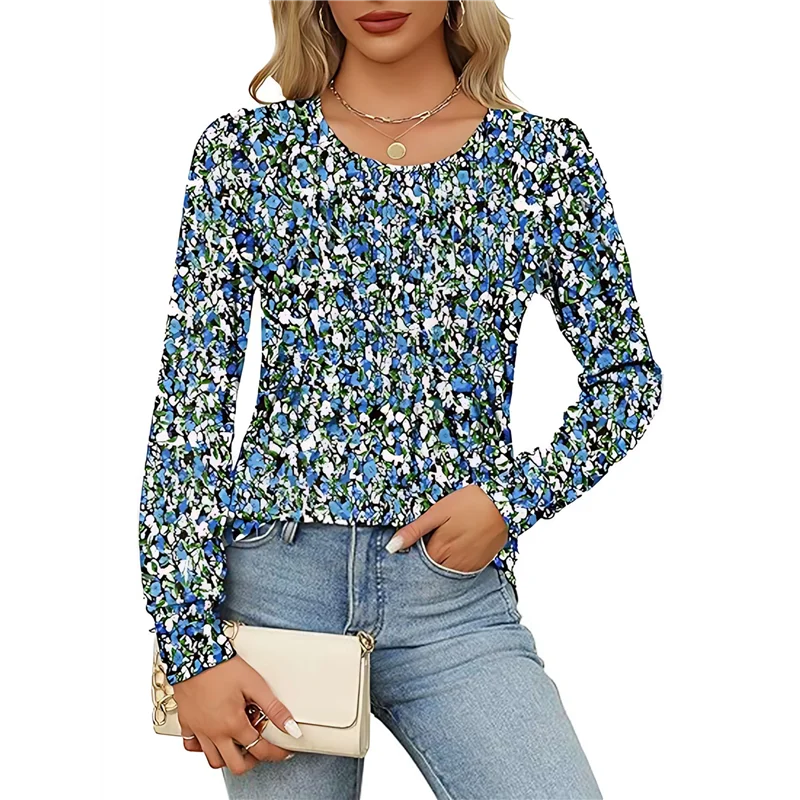 

ABRT-Women's Puff Long Sleeve Pleated Crew Neck Blouses Dressy Casual Loose Fit Winter And Spring Shirts