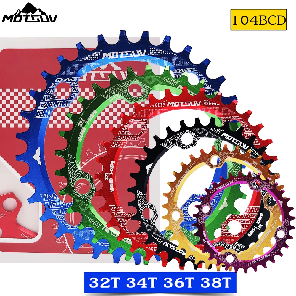 Manivela redonda para bicicleta, rueda de cadena angosta y ancha de placa única con forma redonda MTB 104BCD, 32T/34T/36T/38T