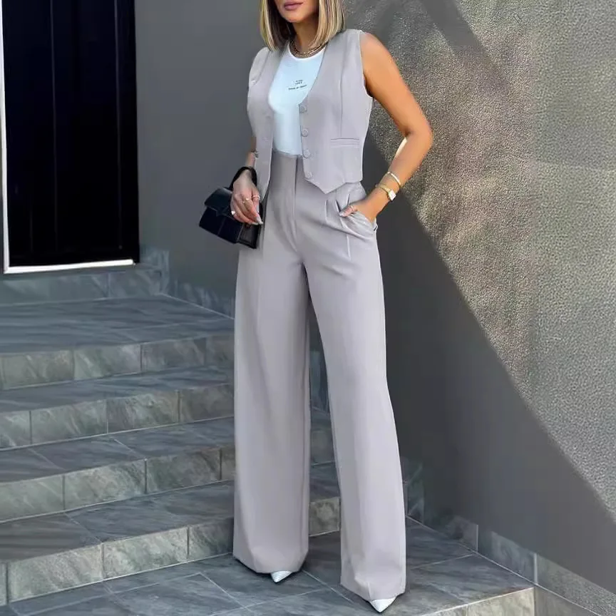 

Trousers Suit Women's Vest Trousers Suit Elegant Loose Regular Work Suit High Waist Wide-leg Trousers 2-piece Street Suit