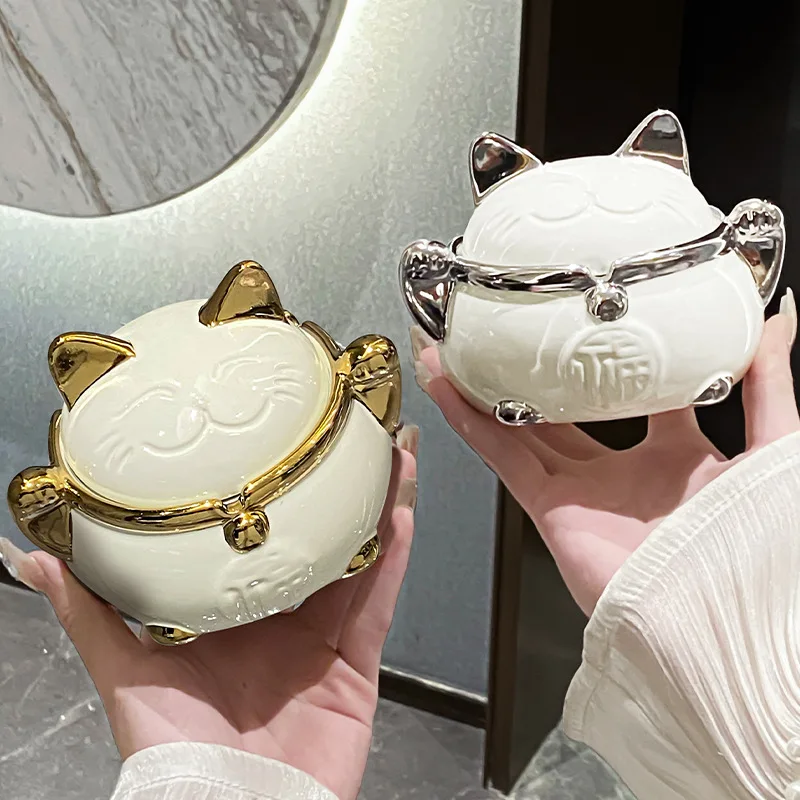 Creative Electroplated Gold and Silver Cat Ceramic Ashtray Exquisite Cartoon Cat Animal Ashtray with Lid Large-capacity Ashtray