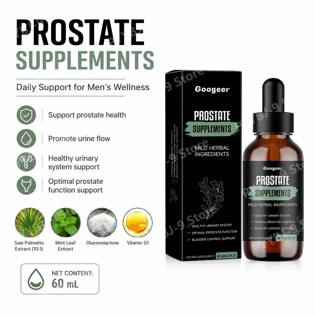 Googeer Prostate Supplements Drops with Saw Palmetto Extract 10:1 and Mint Leaf Extract for Healthy Urinary System Support 60 ML