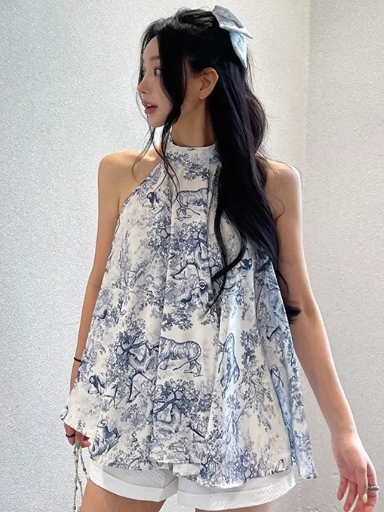 بلوزة صيفية أنيقة بطباعة سومي عتيقة بدون أكمام للنساء، قميص شيفون فضفاض بتصميم رقيق وأنيق