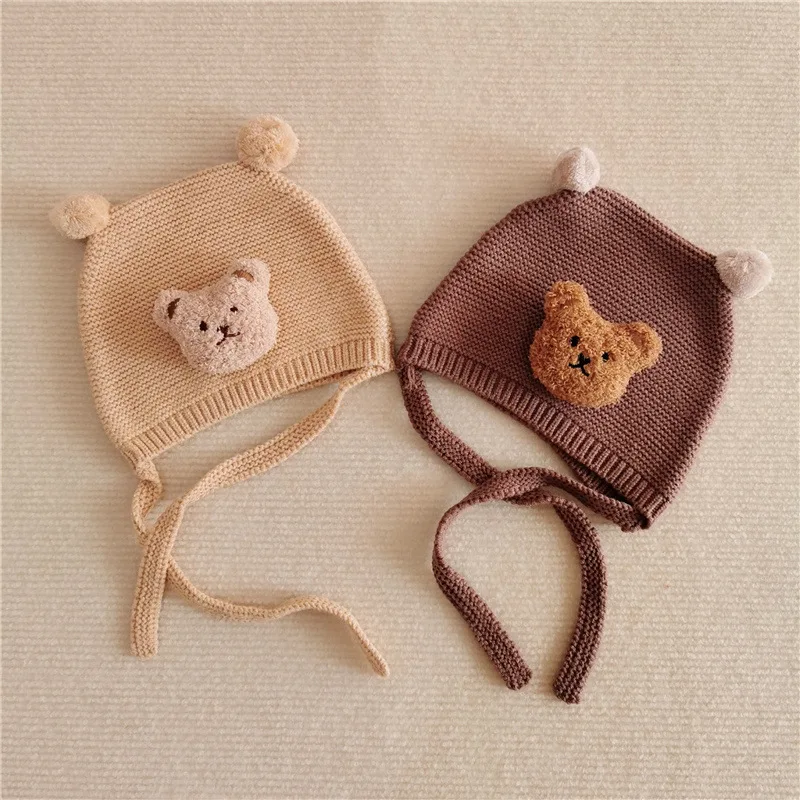 

Winter Pompom Baby Hat Cute Cartoon Bear Infant Girls Boys Ear Protection Cap Korean Solid Color Toddler Beanies
