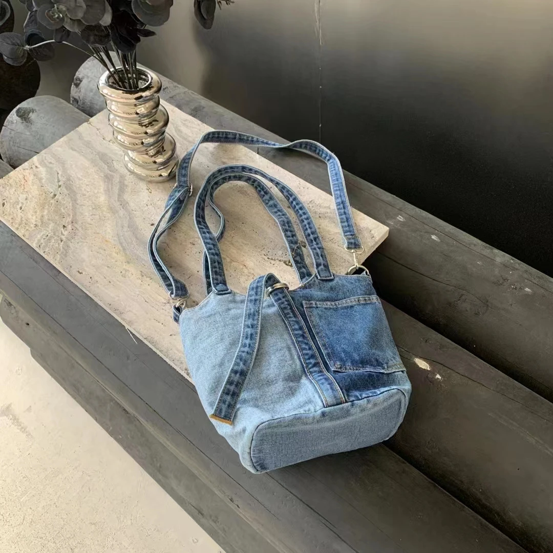 Tas Tote Denim wanita, tas selempang satu bahu kapasitas besar, tas Tote Denim kasual tangan mewah untuk wanita