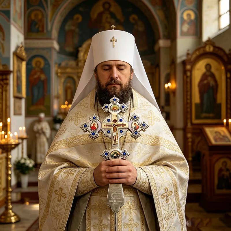 New2026Ornate Gold Tone Pectoral Cross Pendant with Enamel Icons & Crystals for Orthodox Priest Liturgy and Blessing Ceremonies