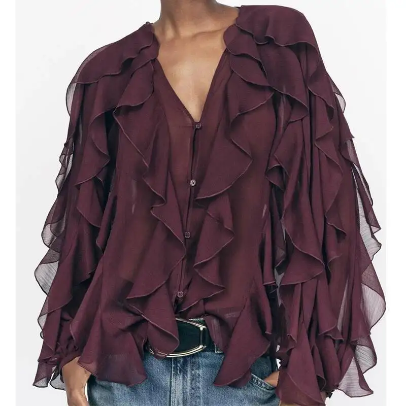 New 2025 Women Sexy Semi-Sheer Ruffle Shirt Long Sleeve V Neck Front Button Spring Blouse Bury Blusas Mujer - Image 5