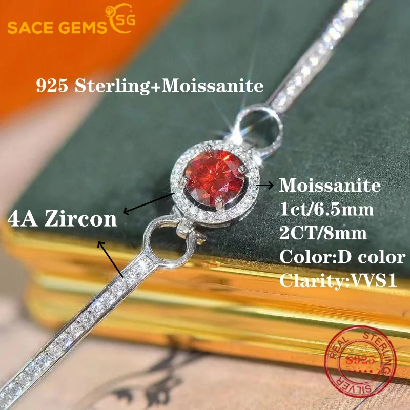 SACE GEMS GRA Certified D VVS1 Red Moissanite Bransoletka dla kobiet Modna biżuteria imprezowa 925 Sterling Silver Plated White Gold