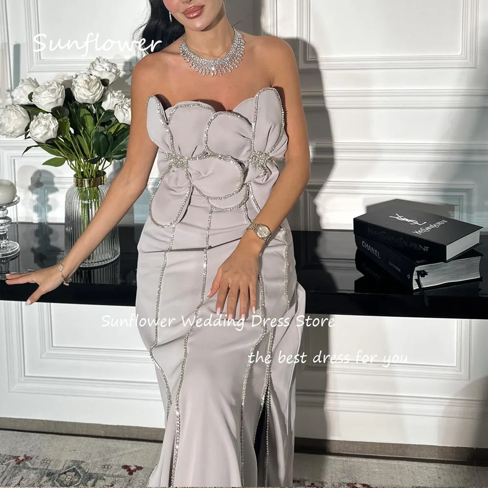 Sunflower Simple Grey Strapless Beading Flowers Mermaid Prom dress 2024 Slim Backless Floor-Length Formal Evening Dress