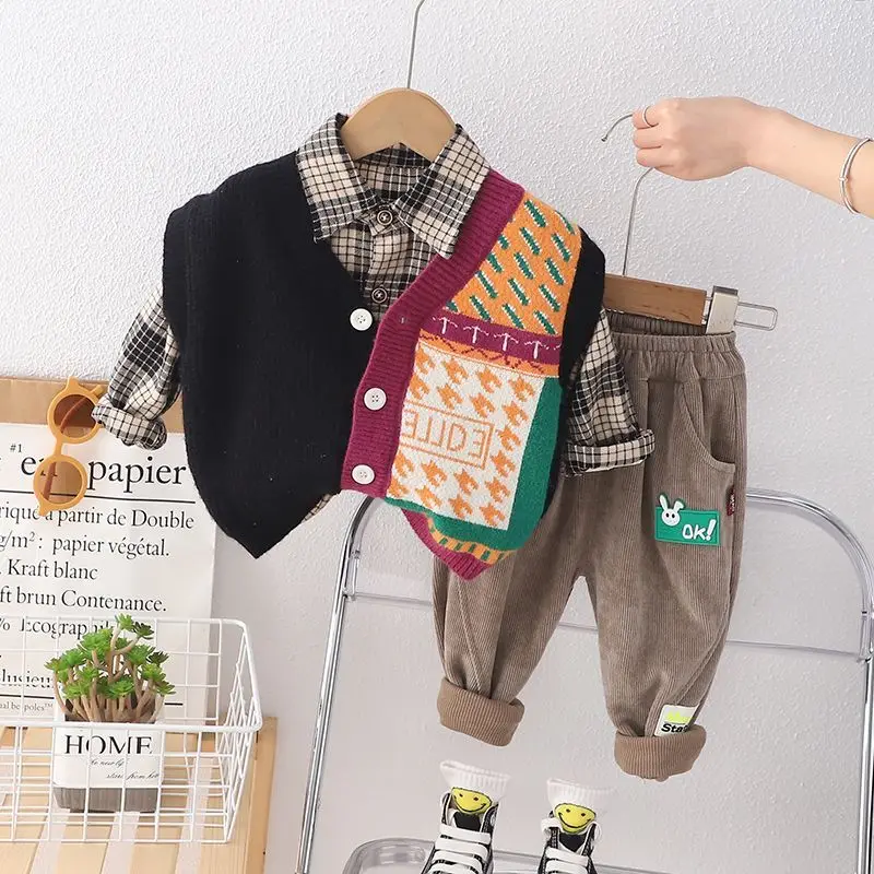 Childrens Sweat Set Korean Baby Boy Clothes 6M-5T Cartoon Knitted Vest + Plaid Shirts + Pants 3PCS Kids Boys Outfit Set