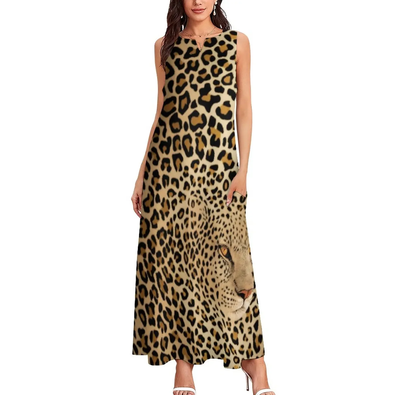 Brown Dress Summer Leopard Graphic Women Fashion Bohemia Long Dresses Ladies Sleeveless V-neck Tank Maxi Dress Birthday Present