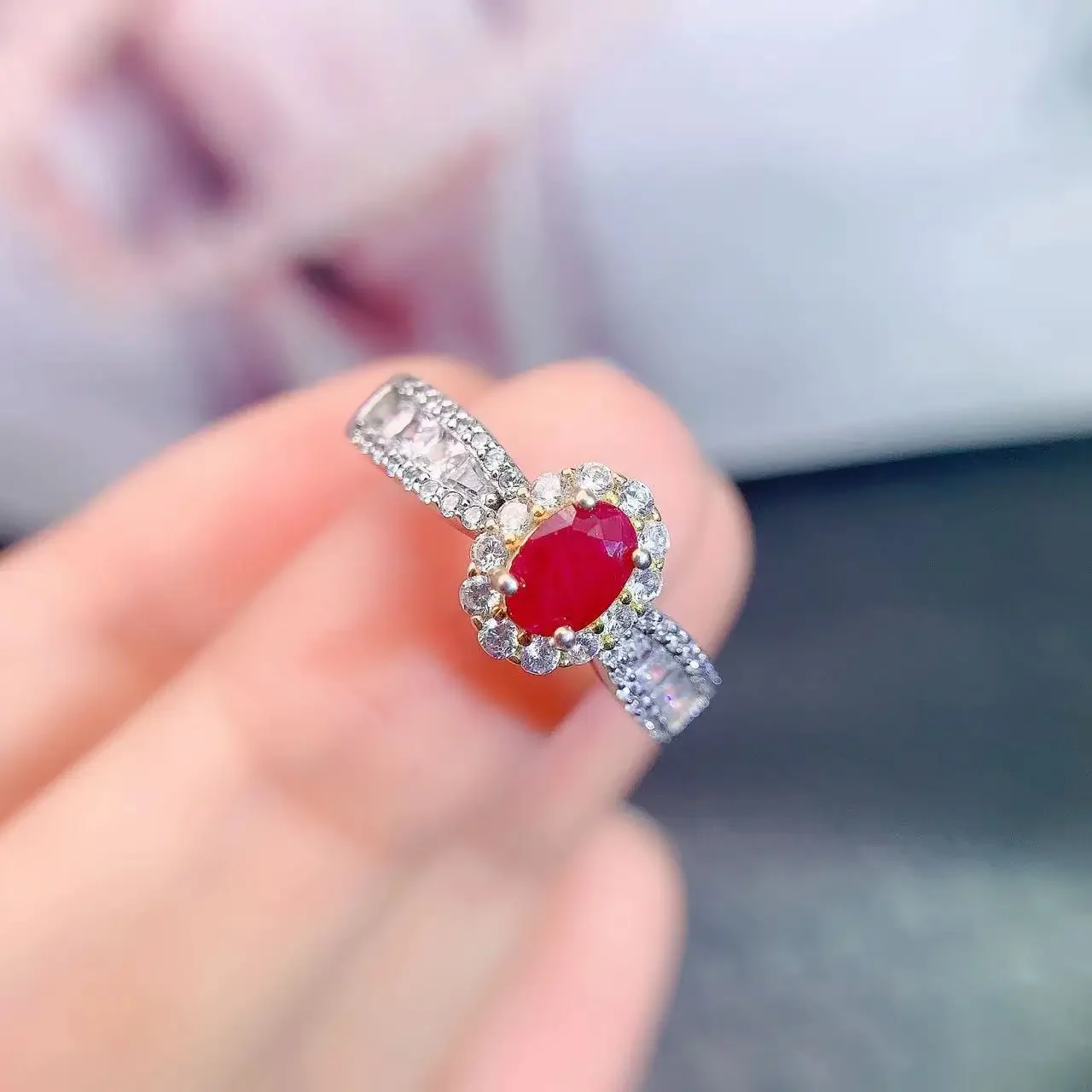 

Nnatural Ruby Jewelry Gift for Woman Natural Myanmar Ruby 4mm*6mm 925 Silver Ring for Office Woman 3 Layers 18K Gold Plating