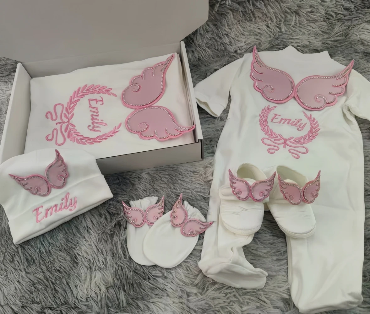 Dollbling Hospital Exit 3pcs Embroidery Name Newborn Angle Wings Romper Blanket  Nursery Bedding Swaddle Handmade Infant Outfit