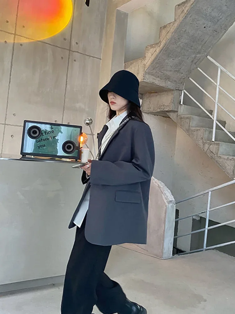 معطف Zoki Harajuku رمادي للنساء كوري فضفاض بأزرار واحدة سترة على طراز Preppy كاجوال بأكمام طويلة معطف ربيعي بسيط للسيدات