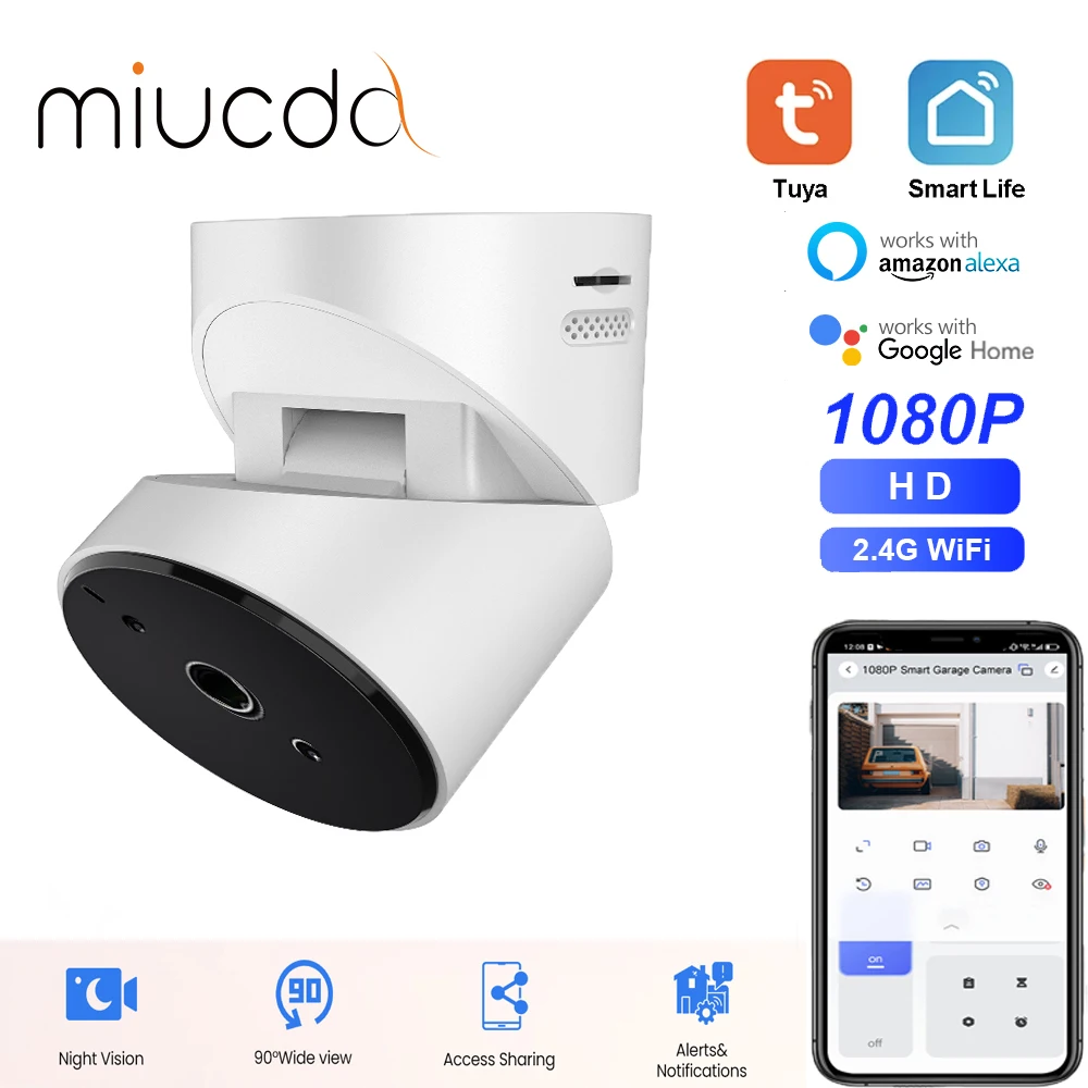 MIUCDA Tuya Smart 1080P 2.4G WIFI Two-way Audio Motion Detection Door Opener Garage Surveillance Camera with Alexa Google Home