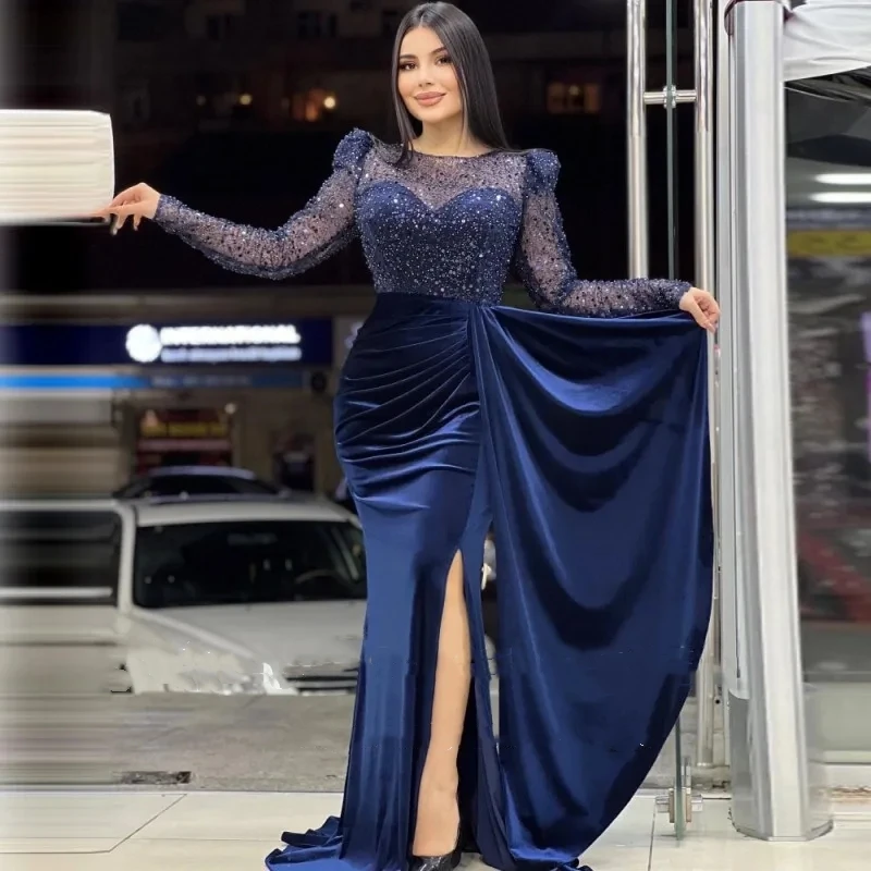 

Romantic Navy Blue Satin O-Neck Evening Dresses Glitter Long Sleeves Custom Made Mermaid Party Prom Gown Vestidos De Noche 2024