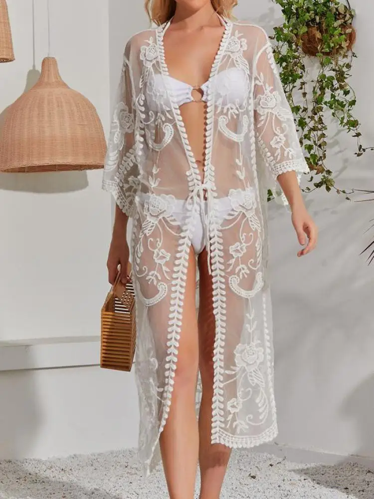

Women White Embroidered Deep V Neck Lace-up Three-quarters Sleeved Beach Smock Long Coat Summer Sexy Club Cardigan Vacation Tops