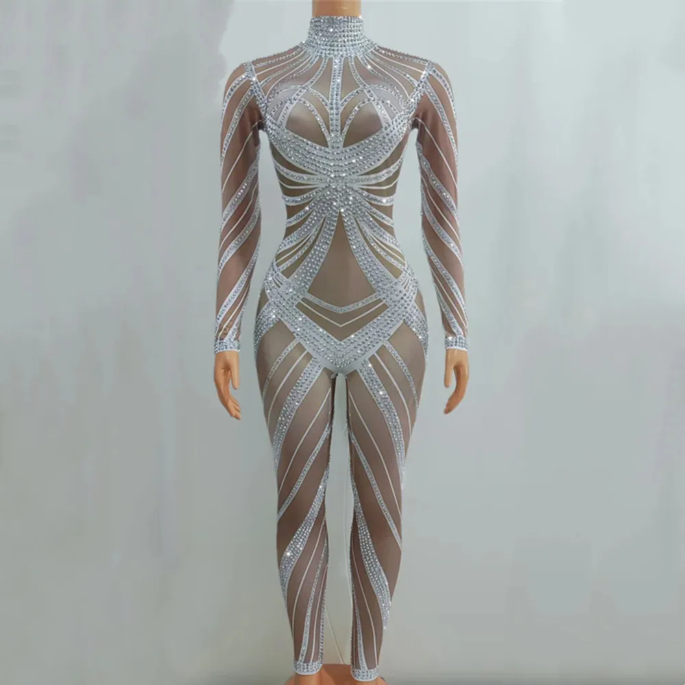 

Ночной клуб, бар, женский сексуальный танцевальный костюм, танцовщица, певица, сценическая одежда, комбинезон для дня рождения, комбинезон с серебряными стразами