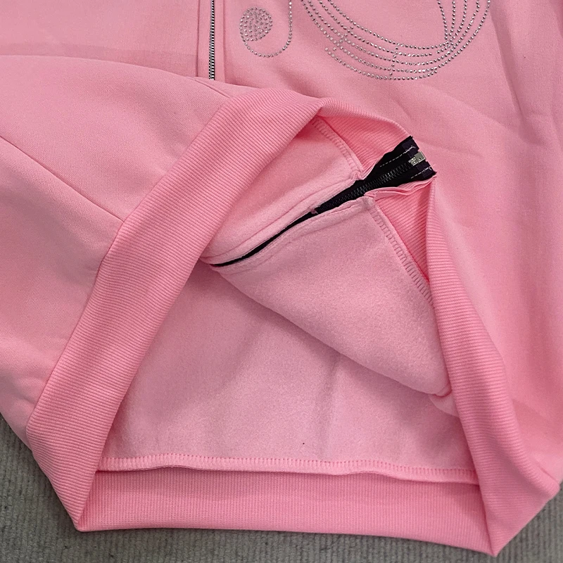 

Y2K Pink Fur Hooded Zip Up Hoodie for Women Rhinestone Music Note Oversized Sweatshirt Streetwear Harajuku Casual Jacket Y2K