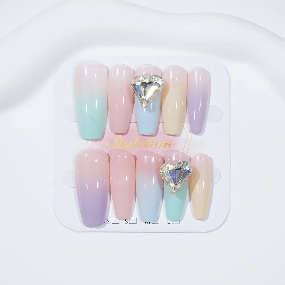 

10pcs Oval Handmade Nail Art Candy Heart Press-On Nails Rainbow Gradient Full-Coverage Nail Tips for Women&Girls Removable Nail