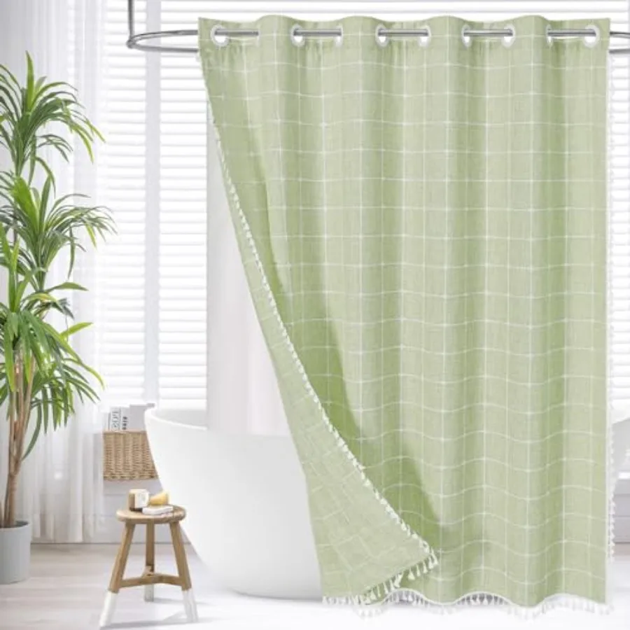 

Душевая штора в стиле бохо-ферма без крючков с вставной подкладкой, из хлопково-льняной ткани, с кисточками, для деревенского интерьера