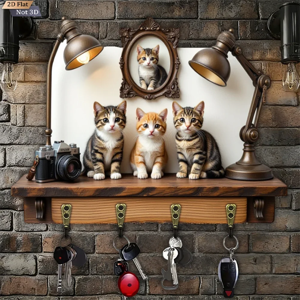 2D Flat, 1pc, Vintage Cat Key Hook, Wooden Multi-functional Home & House Key Hook, with Four Metal Hooks, Wall Decoration,