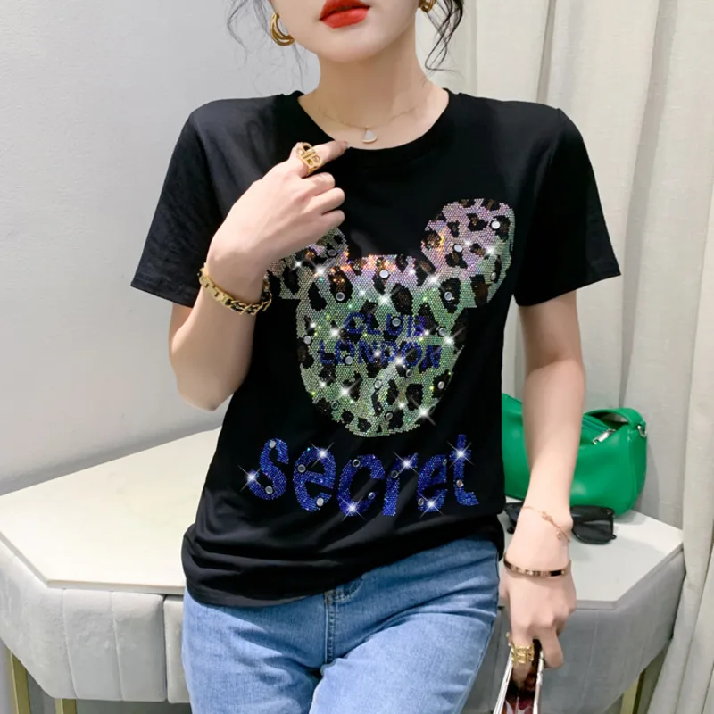 #5314 Streetwear Tshirt Diamonds Cotton Short Sleeve T Shirt Women O-neck Slim Korean Style T-shirt Femme Black White Red Green