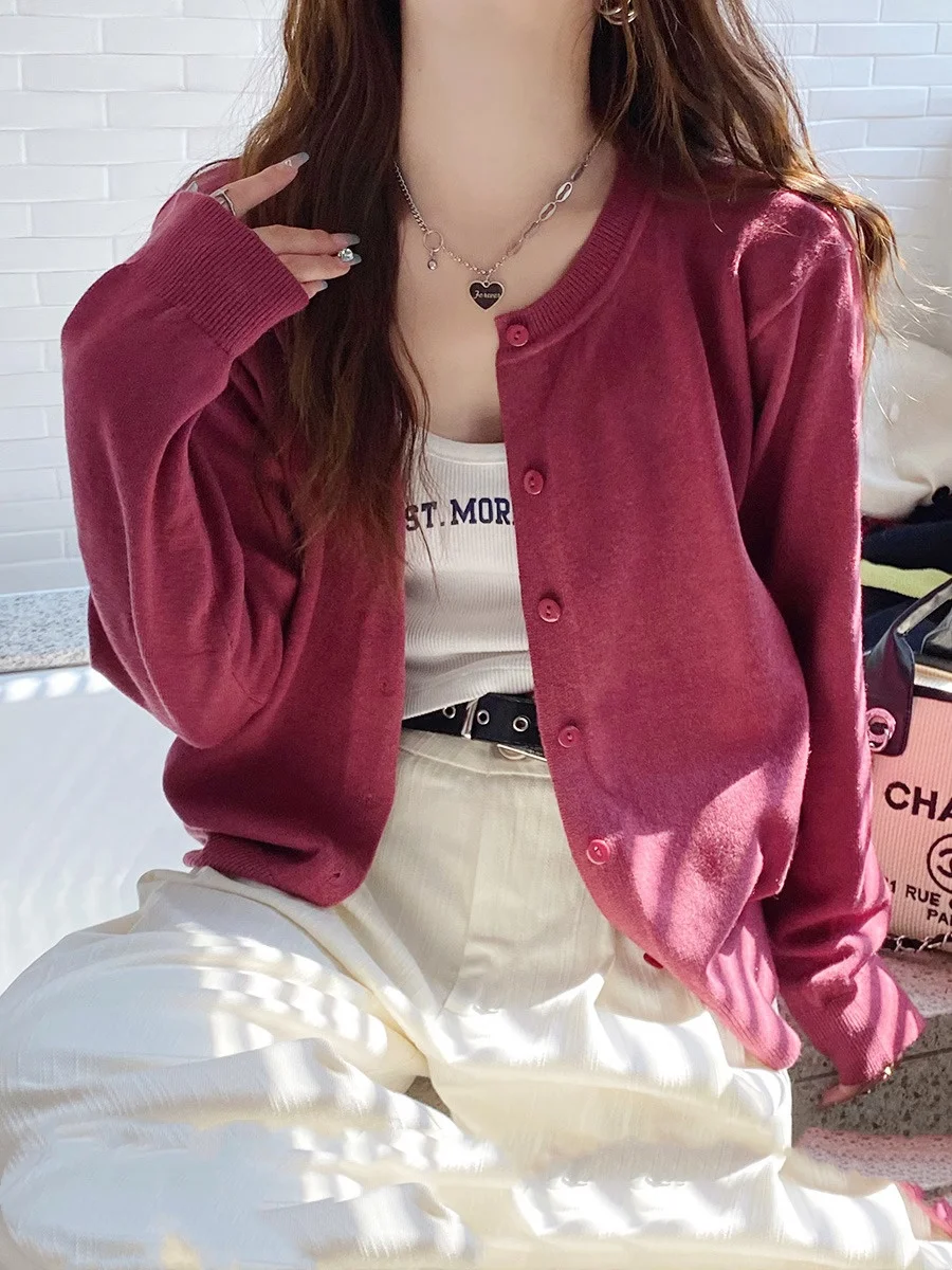 

Women Knitted Cardigan Sweater 2025 Autumn O-Neck Casual Cardigans Woman Solid Color Slim Korean Versatile Tops