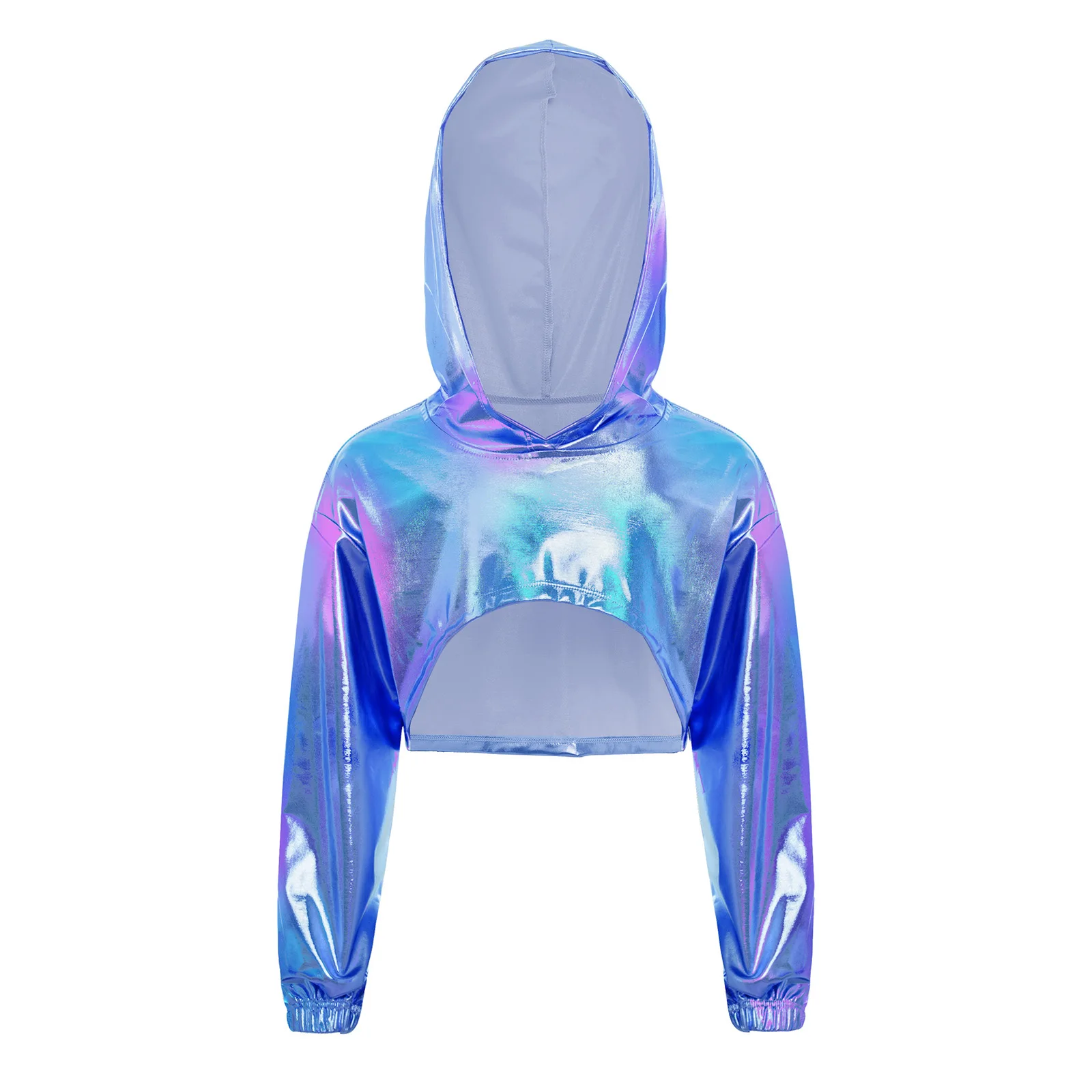 

Kids Girls Metallic Hoodie Hip-Hop Jazz Dance Performance Costume Long Sleeve Asymmetrical Hem Cropped Hooded Top Streetwear